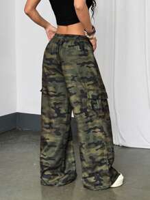 StreetHx Women's Drawstring Waist Elastic Waist Loose Pocket Camo Pants Fall Cloth For Women