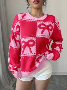 Chiquease Suéter de punto con cuello redondo, parches a cuadros y lazo 3D lindo - Multicolor - Ver 5