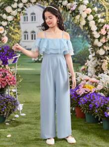 SHEIN Leap Crew Tween Girls' Off Shoulder Organza Ruched Layered Wide Leg Jumpsuit, Blue Jumpsuit, Suitable For Graduation Prom, Birthday Party, Flower Girl, Mommy And Me Matching Outfits - Dusty Blue - View 3