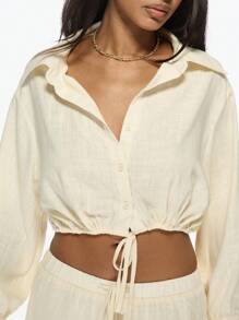 MISSGUIDED Lightweight Linen Button-Up Crop Blouse Long Sleeve Collared Summer Beach Resort Wear Breezy Casual Office Versatile Classic - Apricot - View 6