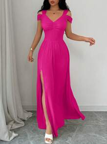Rafferiza V-Neck Cinched Waist Retro Vintage Style Women Dress Fall Cloth For Women - Hot Pink - View 3