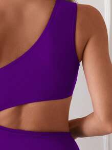 SHEIN Swim 1 件女士纯色不对称肩连体泳衣，简约时尚，适合夏季泳装 - 紫色 - 查看 4