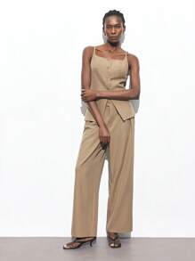 Maija 2025 Summer New Arrival Women's Casual Lightweight Khaki Color Pants, Fashion Adjustable Metal Buckle Waist Pleated Design Straight Leg, Suitable For Music Festival, Beach Vacation, Daily Casual, Romantic Urban Retreat, Wedding Guest, Graduation Romantic, Fashion, Versatile; Suitable For Summer Vacation In Fall/Winter - Coffee Brown - View 3