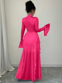 Firerie Women's Romantic Elegant High Neck Long Lantern Sleeve Ruffle Hem Dress - Pink - View 7