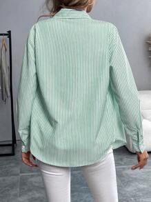 EMERY ROSE Embroidered Striped Polo Collar Long Sleeve Button Up Casual Shirt Fall Cloth For Women - Green - View 2