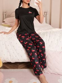 Cherry Print Round Neck Short Sleeve Long Pants Women Pajama Set