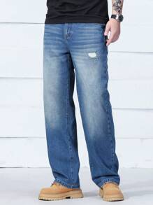 Manfinity EZcore Men's Medium Wash Denim Jeans: Long Zipper Fly Relaxed Fit With Distressed Detail - Medium Wash - View 3