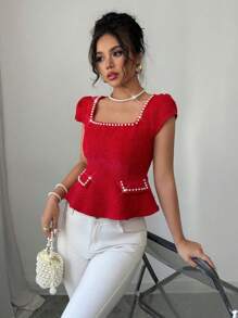 Elenzga Lente & Zomer Vakantie Bohemian Puff Mouw Vierkante Hals Getailleerde A-lijn Gebreide Riem Dames Blouse