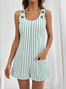SHEIN Essnce 休闲条纹圆领纽扣口袋连体衣，适合日常穿着 - 薄荷綠 - 查看 4