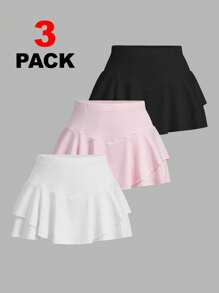 SHEIN PETITE Set sportivo da donna in 3 pezzi: gonna pantalone plissettata a tinta unita fluida