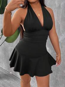 SHEIN PETITE CURVE Solid Color Halter Neck Backless Romper - Black - View 3