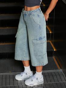 SHEIN ICON Quần Jeans Cargo Dài 3/4 Phong Cách Đường Phố Kiểu Mỹ Cho Nữ - Màu xanh lam - Xem 7