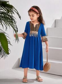 Vestido casual de vacaciones para niña con unicolor, estampado de flores diminutas y diseño de patchwork