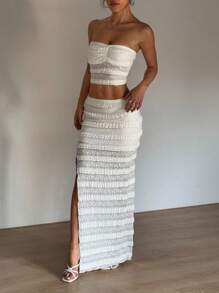 SHEIN Unity 女式白色波浪纹蕾丝吊带开叉连衣裙，休闲性感度假装，春夏两件套 - 白色 - 查看 5