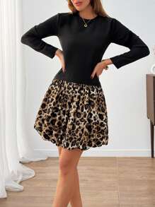 SHEIN Cottnline Leopard Balloon Skirt Long Sleeve Everday Chic Girl Dress - Black - View 4