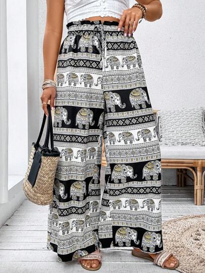 SHEIN Clasi Plus Size Women's Valentine's Day Woven Contrast Color Print Casual Wide Leg Pants, Summer, Rave, Festival Spring Break Boho Fall Cloth For Women