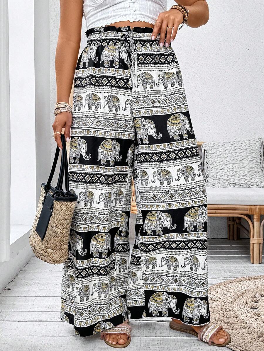 SHEIN Clasi 大码女式情人节梭织撞色印花休闲阔腿裤，夏季、狂欢、节日春假波西米亚风 - 彩色 - 查看 1