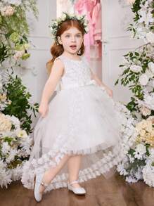 SHEIN Glamorique Kids Vestido de princesa sin mangas de unicolor con lazo en la cintura, falda de tul bordada tipo pastel, adecuado para bodas y fiestas formales