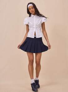 MUSERA High Rise "Musera" Graphic Slogan Print Waistband Pleated Mini Skirt Summer