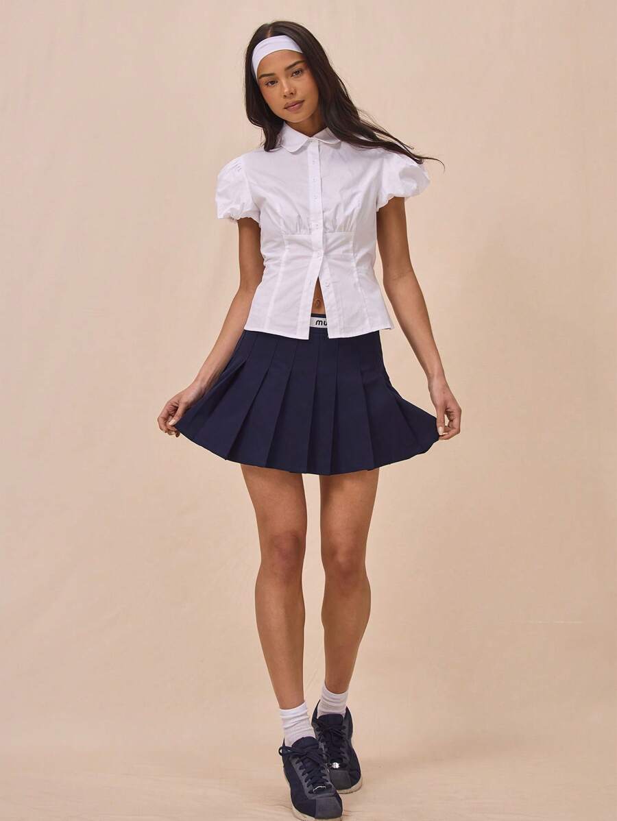 MUSERA High Rise "Musera" Graphic Slogan Print Waistband Pleated Mini Skirt Summer