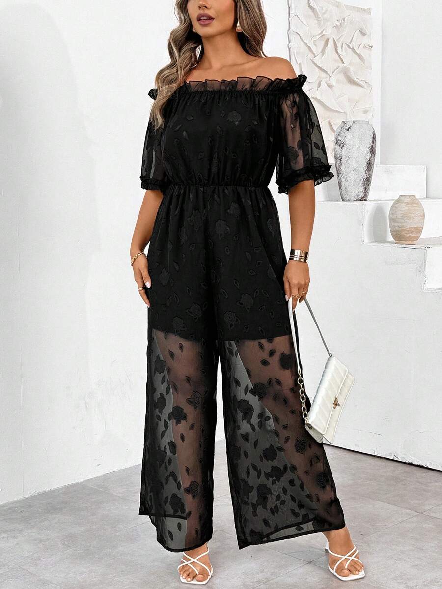 SHEIN Clasi 大码女式露肩玫瑰印花雪纺宽松短袖 A 字连体裤