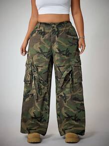 SHEIN ICON Plus Size Women's Casual Cargo Pants, Loose Fit Camo Print Trousers Summer Western Cowboy Style - Multicolor - View 5