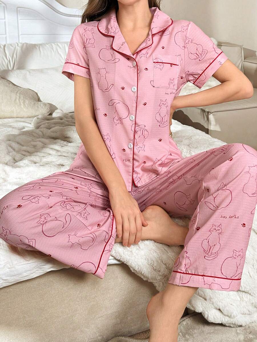波尔卡圆点可爱猫咪印花翻领短袖睡衣套装 - 粉色 - 查看 1