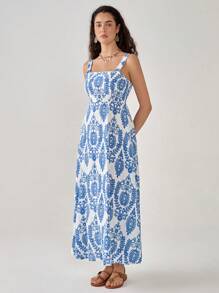 Florisole Blauwe mouwloze vintage printjurk voor dames voor de zomer