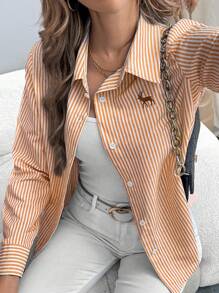 EMERY ROSE Embroidered Striped Collar Long Sleeve Button Up Casual Shirt Fall Cloth For Women