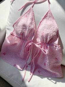 Comfortcana 女士条纹蝴蝶结装饰系带休闲露背上衣