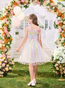 SHEIN Tween Girls' Elegant Floral Applique Mesh Splice Butterfly Decor Ombre Dress,Holiday,Summer,Travel - Multicolor - View 1