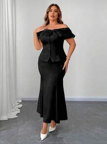 Franclia Plus Size Women 1-Shoulder Top With Floral Decor And Mermaid Hem Skirt 2 Pieces Set