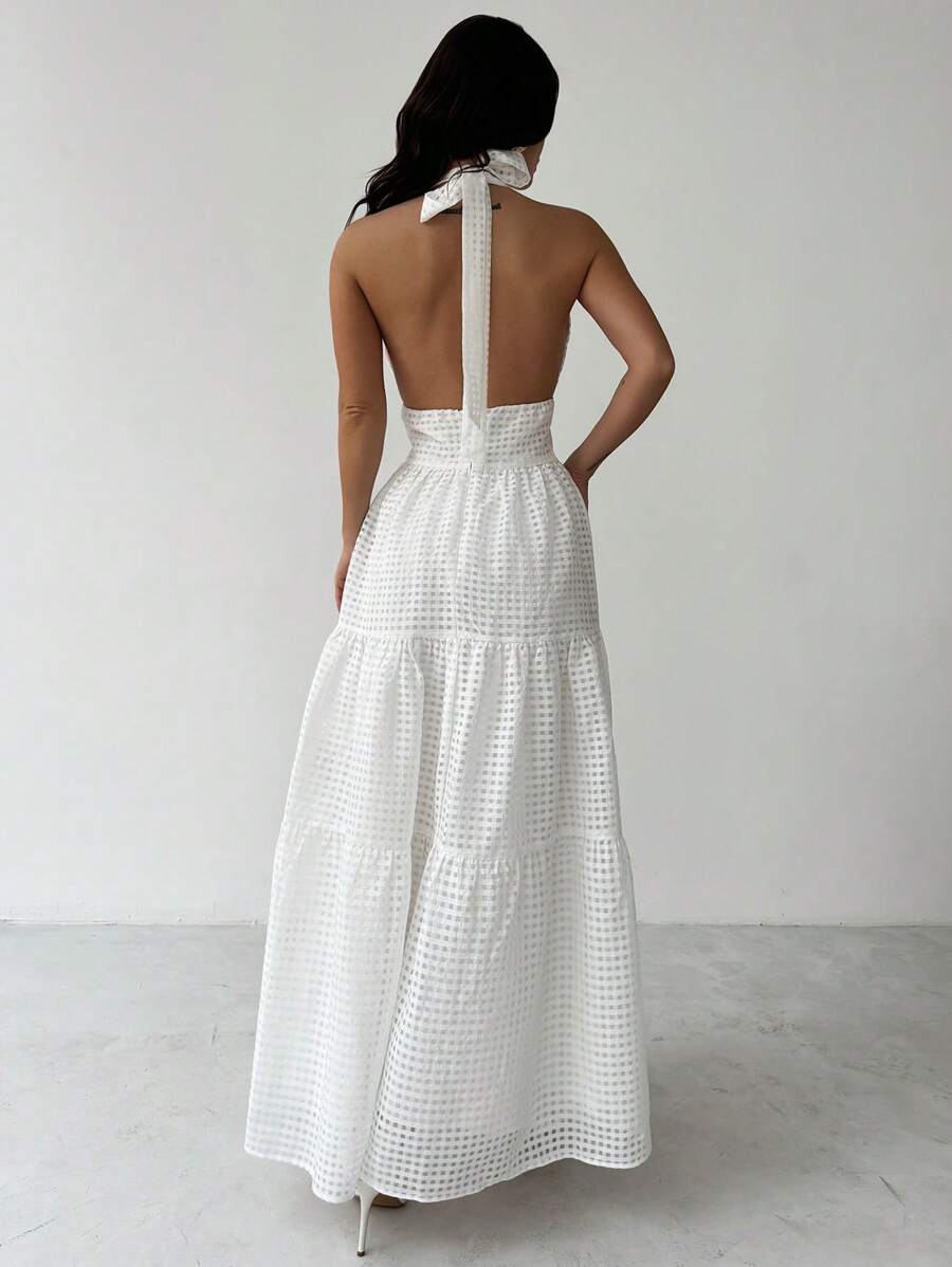 Firerie Romantic Date Ruffles Hemline Halter Backless White Plaid Spring/Summer Fairycore Dress, For Wedding & Valentine's Season - White - View 1