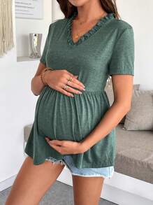 SHEIN 孕妇纯色荷叶边短袖T恤，休闲度假款 - 綠色 - 查看 3