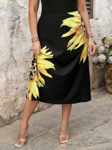 SHEIN LUNE Fustă minimalistă la modă, cu model floral, mărime plus, pentru femei, vacanță, concert, design nou, rave, festival, simplu și la modă, Paște, simplu și la modă