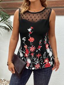 SHEIN Clasi Camiseta sin mangas de talla grande con estampado floral elegante y lunares de malla