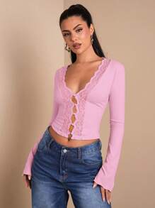 SHEIN BAE Women's Elegant Solid Color Lace Panel Front Button Closure Blouse, Spring/Summer - Baby Pink - View 3