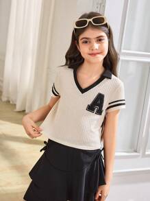 SHEIN Tween Girls Knitted Jacquard V-Neck Contrast Shirt Collar With Letter Patch Short-Sleeved T-Shirt, American Campus, Casual Sports, Fashionable Street,Back To School,Mommy And Me Matching