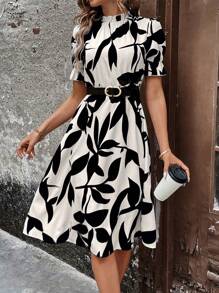 SHEIN Clasi Women's Stand Collar Plant Printed Dress Maxi Women Outfit - Beige - View 5