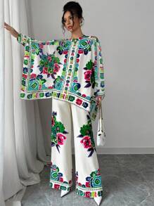 Elenzga 2 件女式花卉印花蝙蝠袖衬衫和裤子套装