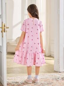 SHEIN Leap Crew Tween 女童蝴蝶结条纹圆领短袖宽松 A 字形连衣裙 - 粉色 - 查看 7