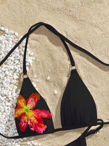 Swim Vcay Conjunto de bikini triangular con estampado de flores casual y sexy para mujer, con tirantes ajustables tipo espagueti y copas suaves sin aros