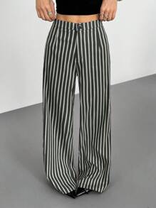 SHEIN EZwear Slimming Business Casual Woman Women Contrast Color Striped Low-Waisted Button Casual Trousers - Grey - View 6