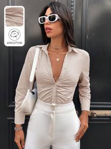 EURMUSE Cotton Solid Ruched Button Front Shirt - Apricot - View 1