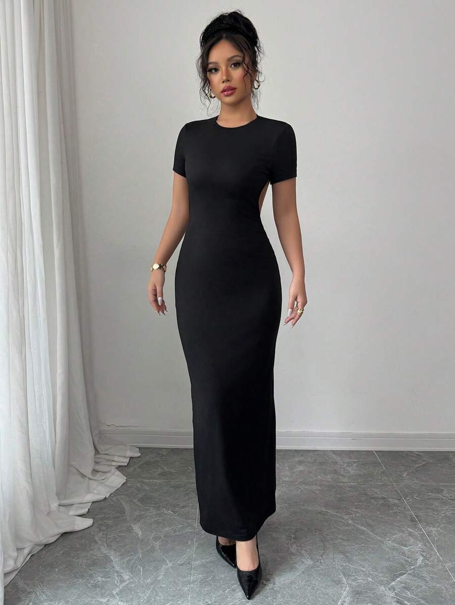 Chiquease Vestido mini con espalda descubierta, de manga larga, sin tirantes y unicolor, sexy, para primavera/verano