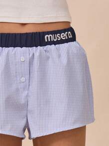 中腰弹力腰带格纹刺绣“Musera”短裤，夏季可爱时尚优雅