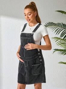SHEIN Pregnant Women Pocketed Button Design Casual Denim Overall Dress - Black - View 4