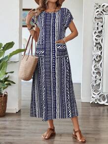 EMERY ROSE Robe longue décontractée pour femme avec col rond, manches chauve-souris et motif géométrique rayé, idéale pour les vacances