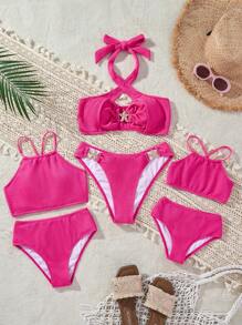SHEIN 2pcs/Set Girls Pink Textured Bikini Swimsuits Top And Bottom - Hot Pink - View 3