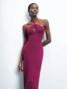 Maija 优雅紫色镂空金属装饰针织长裙，性感度假时尚，适合夏季、圣帕特里克节、春假、复活节